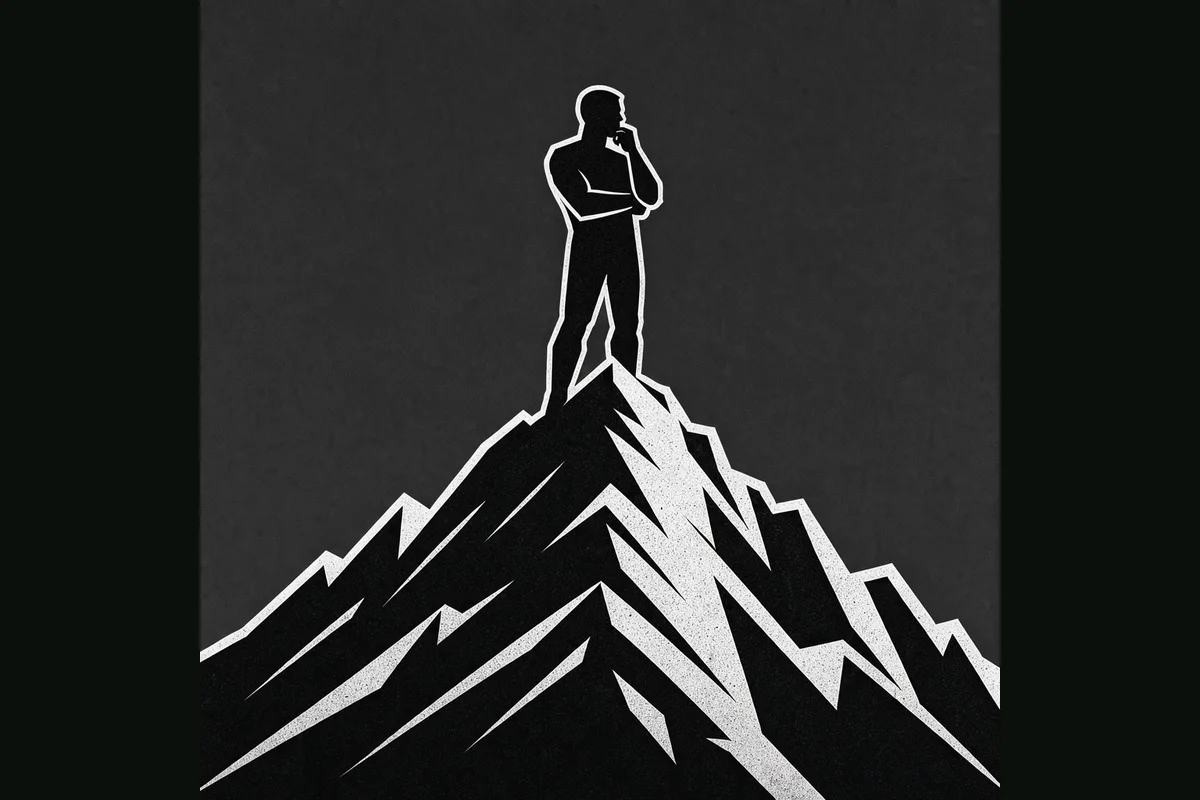 A lone black-and-white figure standing on a mountain summit, thinking